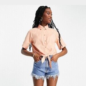 ASOS design linen short sleeve shirt with tie front in apricot size 4